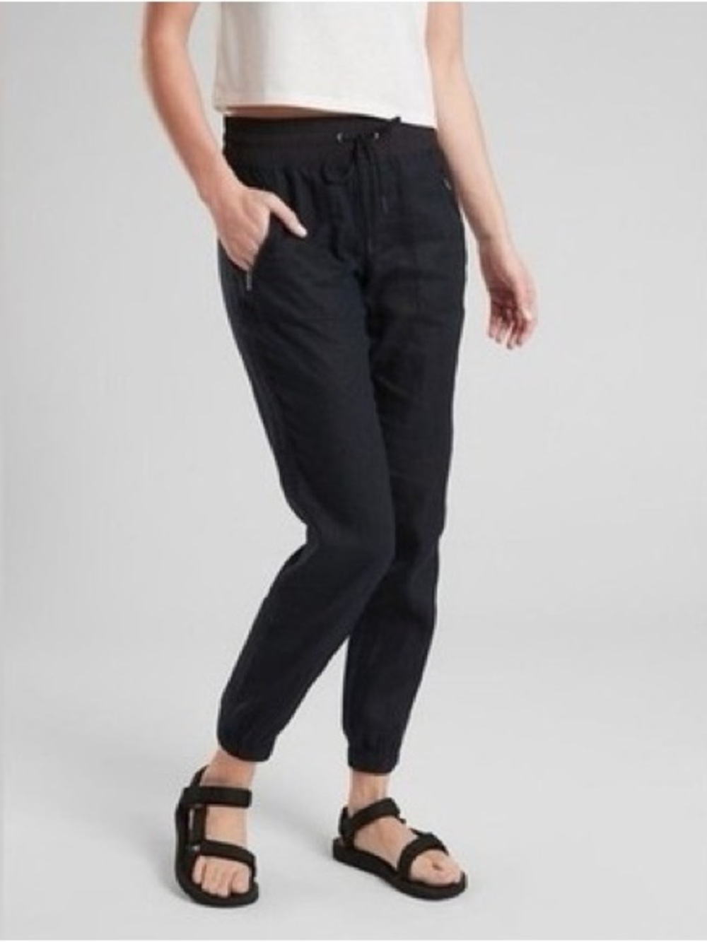 Athleta Black Cabo 100% Linen Jogger Pants Size 10 Zipper Pockets